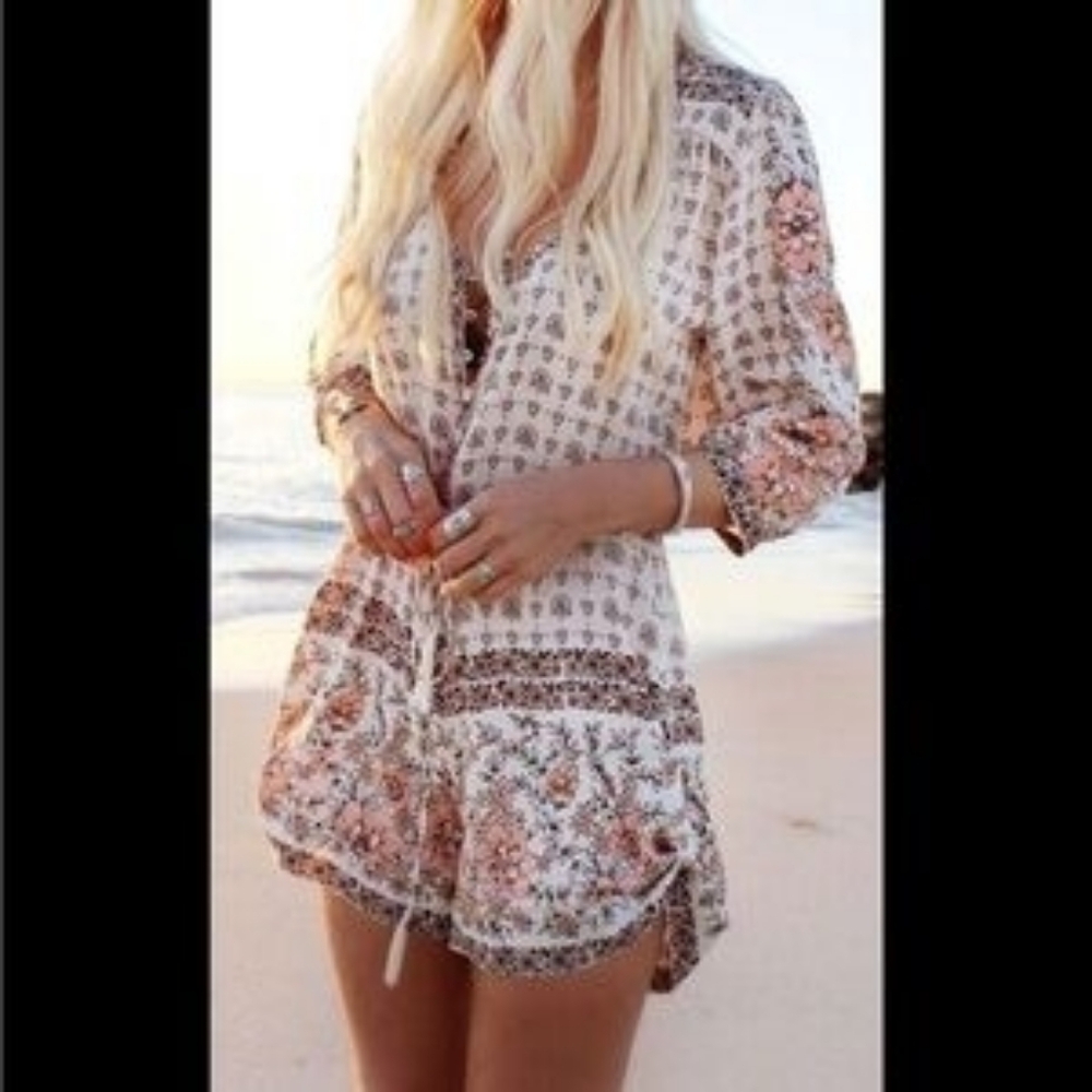 Spell Boho Floral Print Romper in White and Peach
